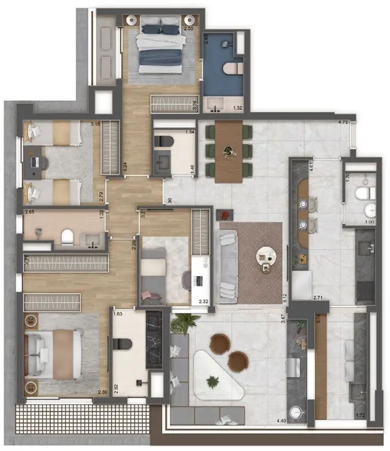Planta 4 dormitórios 132,40 m²