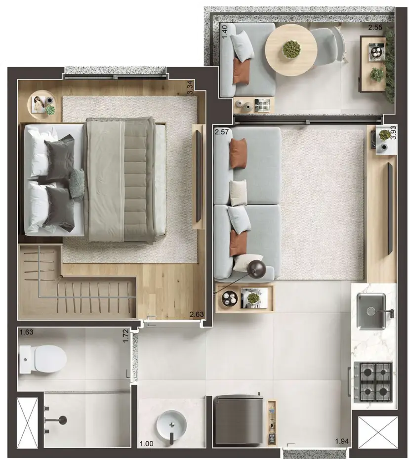 Planta 1 dormitório 29 m²