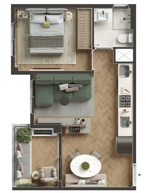 Planta 1 dormitório – opção de planta 38 m²