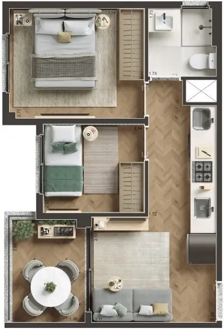 Planta 2 dormitórios 38 m²