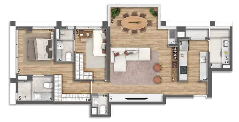 Planta 2 dormitórios 92 m²