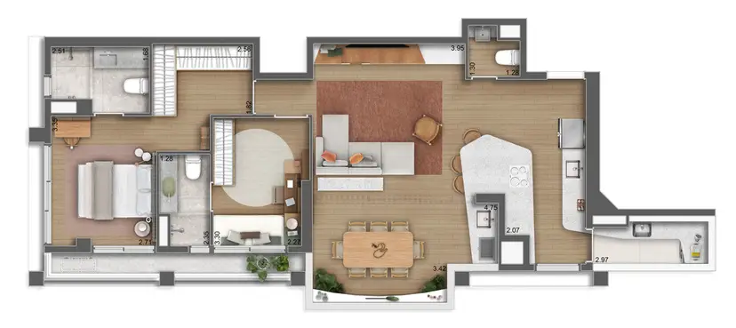 Planta 2 dormitórios 94 m²