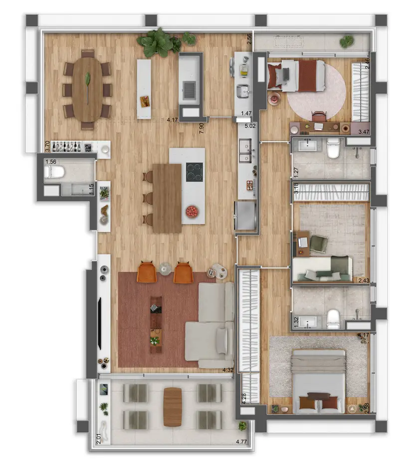 Planta 3 dormitórios 126 m²
