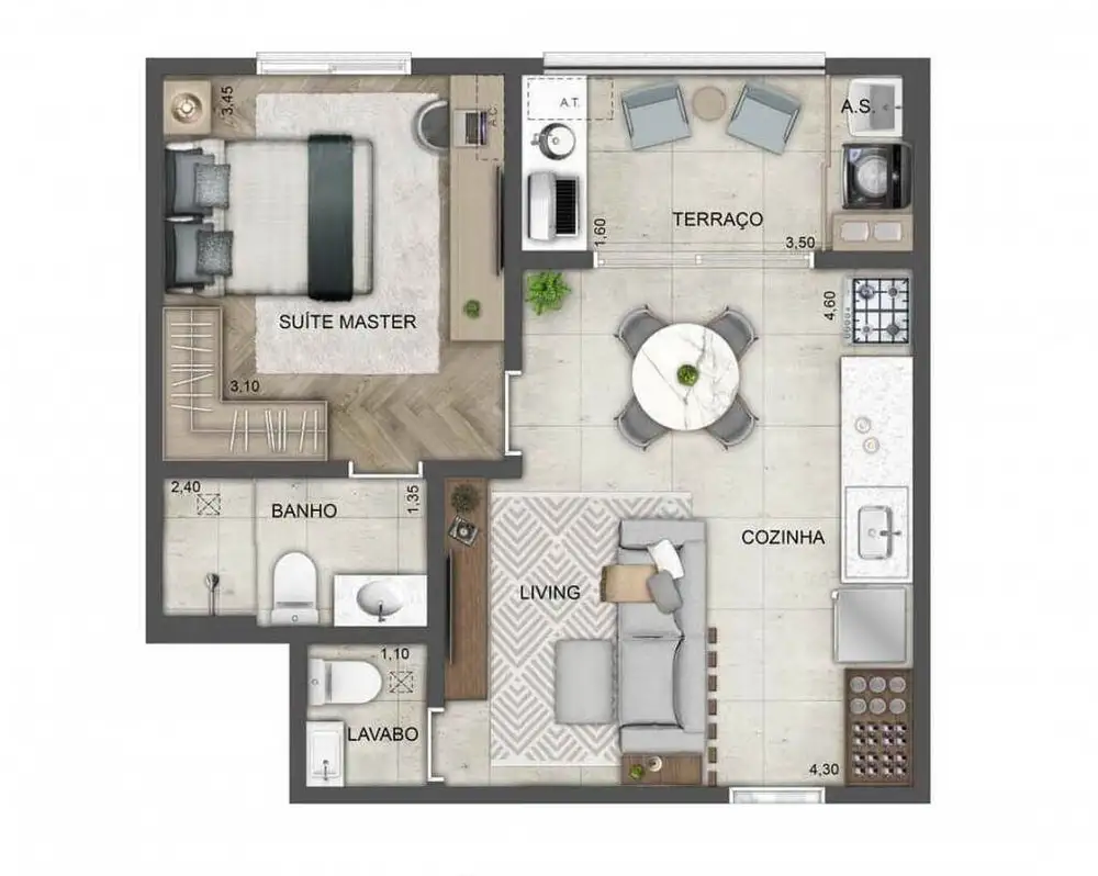 Planta 1 dormitório 45 m²