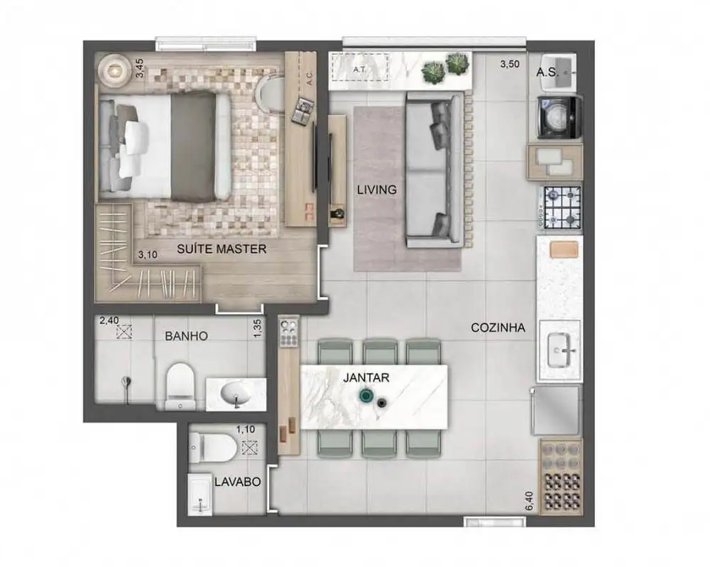 Planta 1 dormitório – opção de planta 45 m²