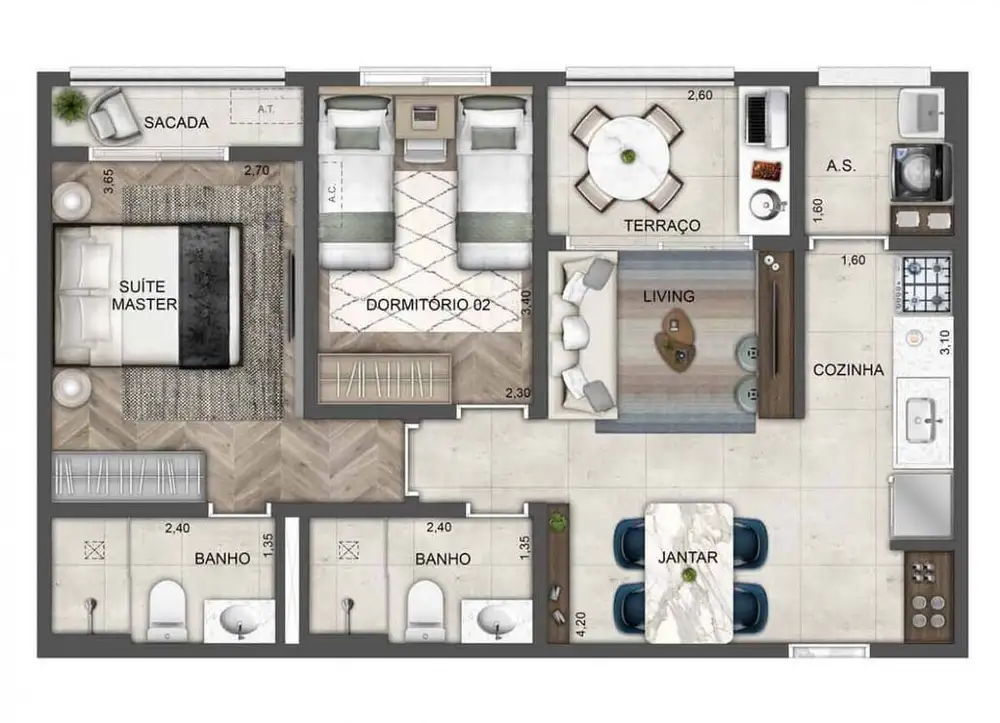 Planta 2 dormitórios 62 m²