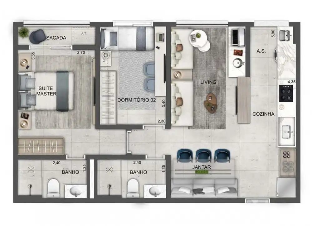 Planta 2 dormitórios – opção de planta 62 m²