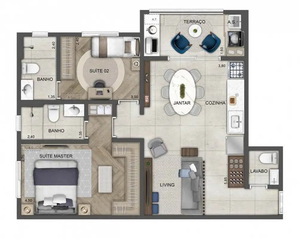 Planta 2 dormitórios 70 m²