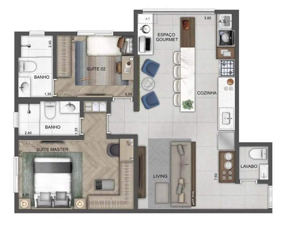 Planta 2 dormitórios – opção de planta 70 m²