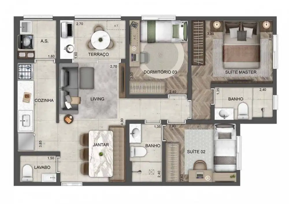 Planta 3 dormitórios 70 m²