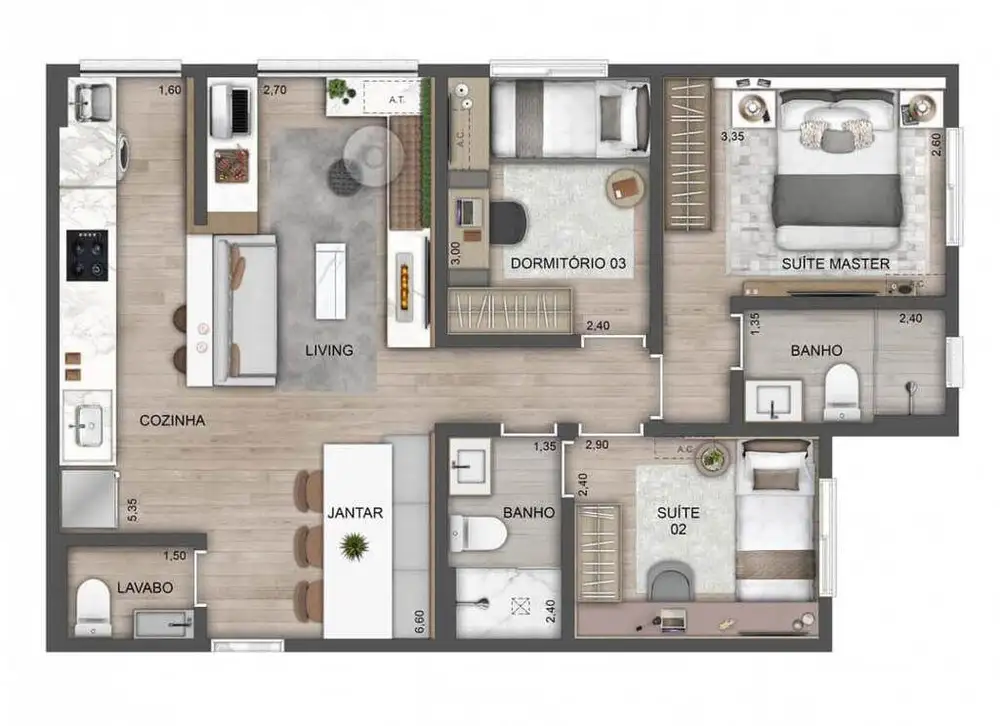 Planta 3 dormitórios – opção de planta 70 m²