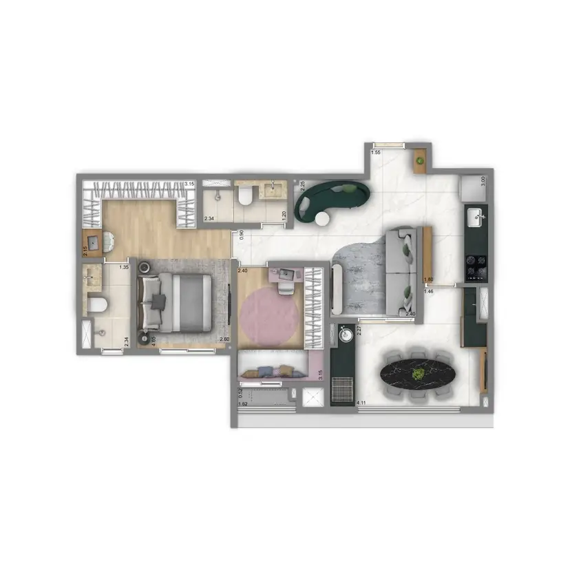 Planta 2 dormitórios 68 m²