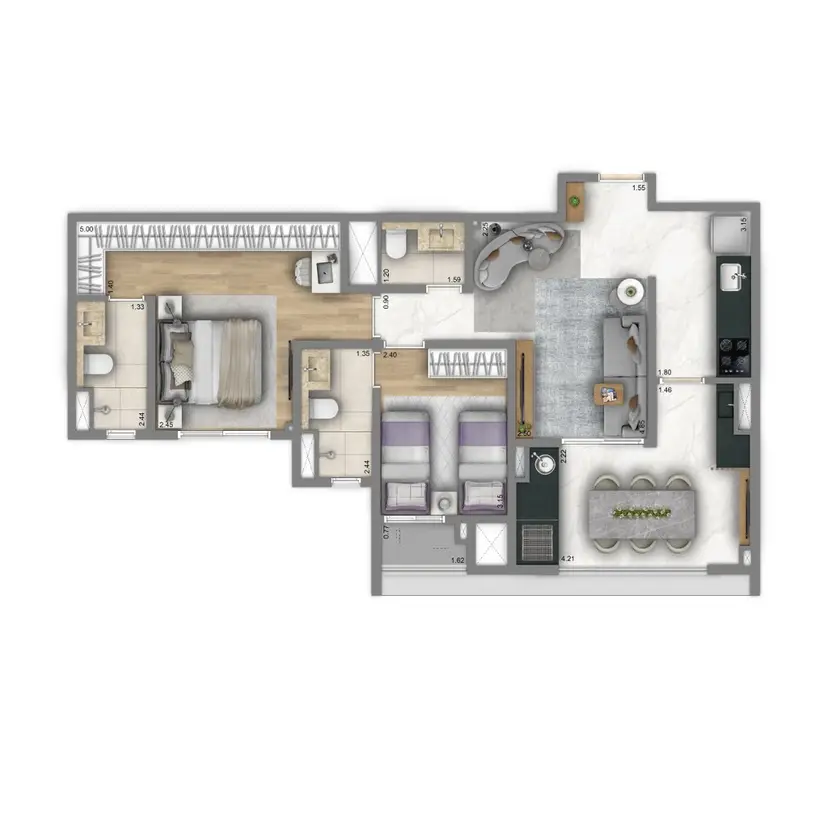 Planta 2 dormitórios 74 m²