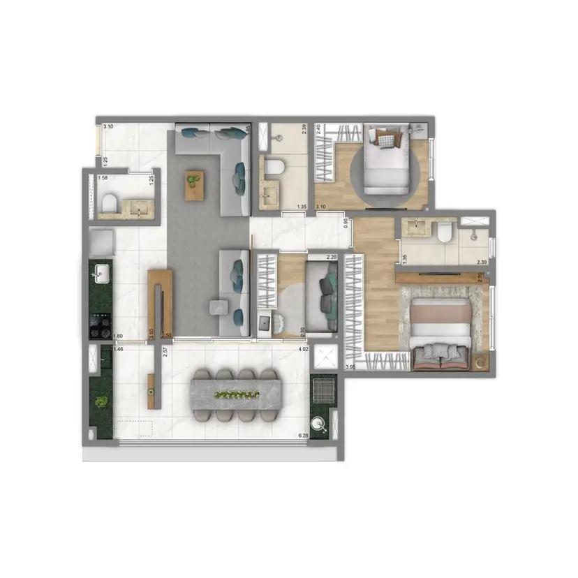 Planta 3 dormitórios 84 m²