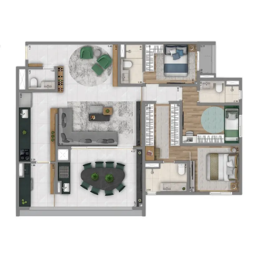 Planta 3 dormitórios 126 m²