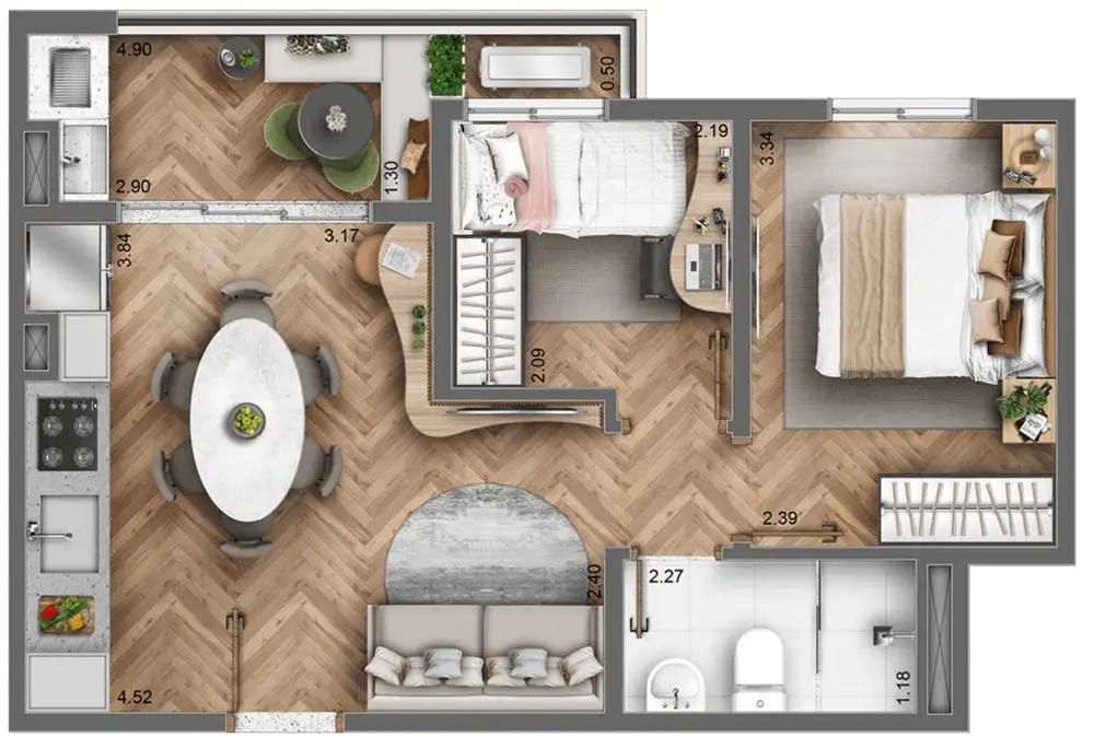 Planta 2 dormitórios 42,95 m²