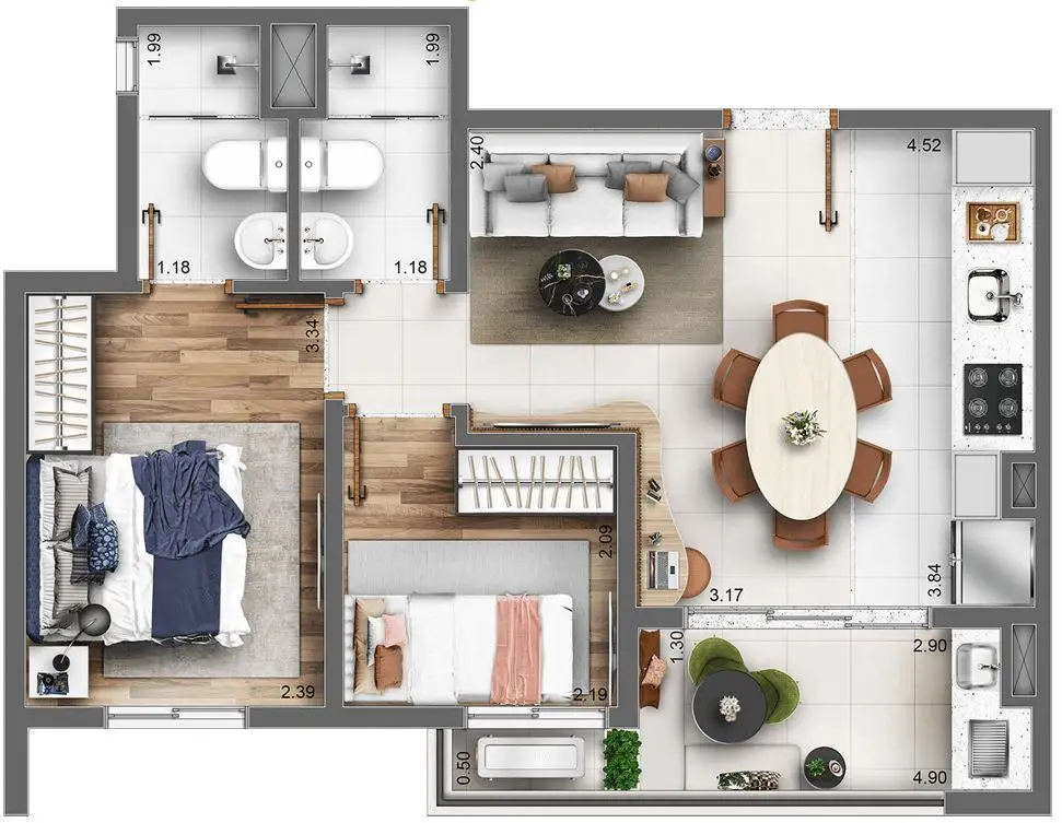 Planta 2 dormitórios 45,50 m²