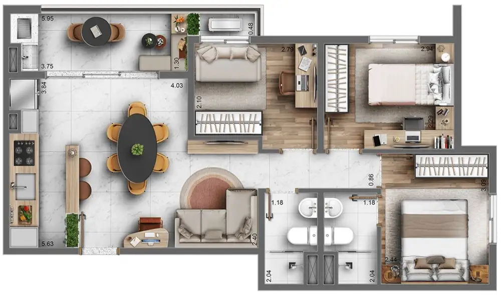 Planta 2 dormitórios 60,92 m²