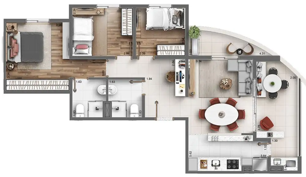 Planta 3 dormitórios 80,15 m²