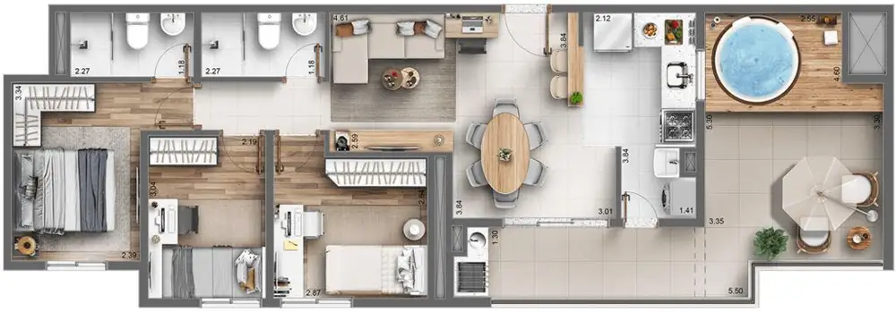 Planta 3 dormitórios – cobertura 86,59 m²