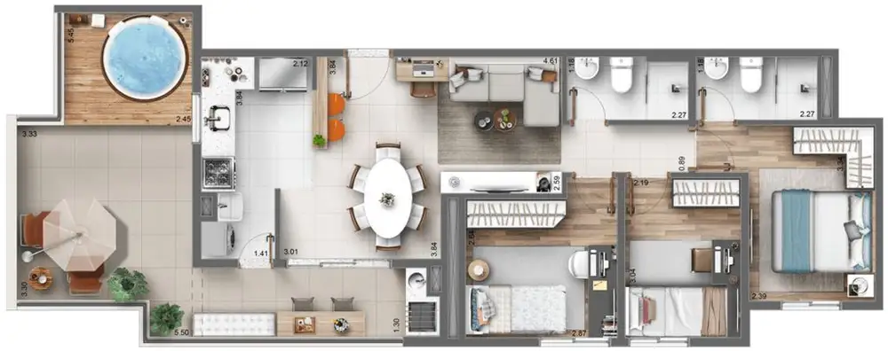 Planta 3 dormitórios – cobertura 89,44 m²