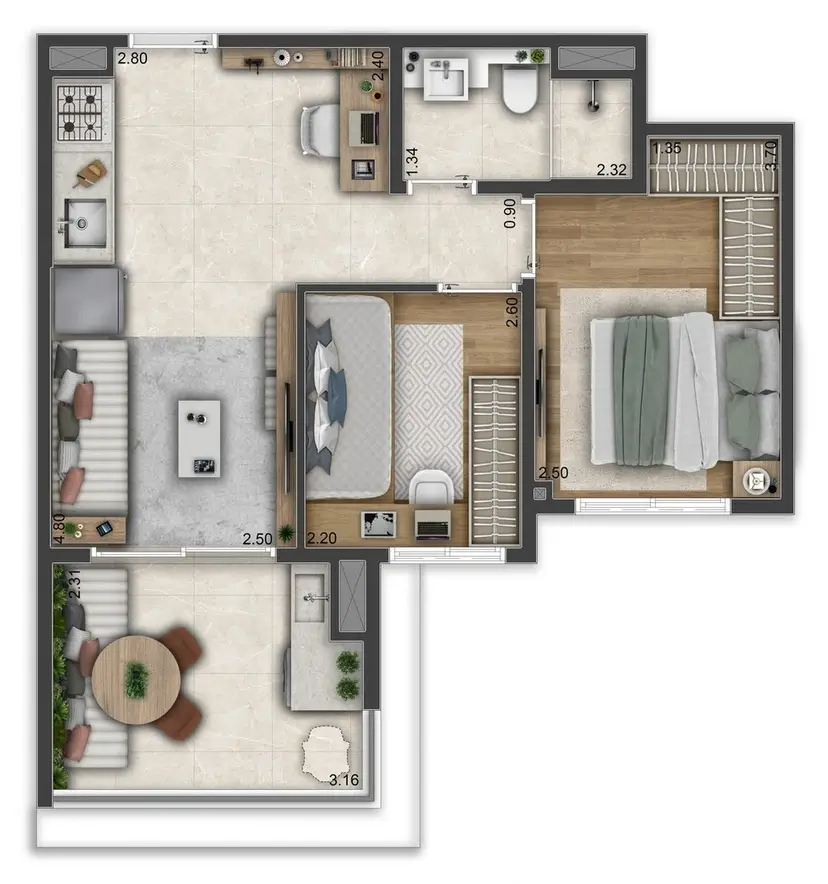 Planta 2 dormitórios 46 m²