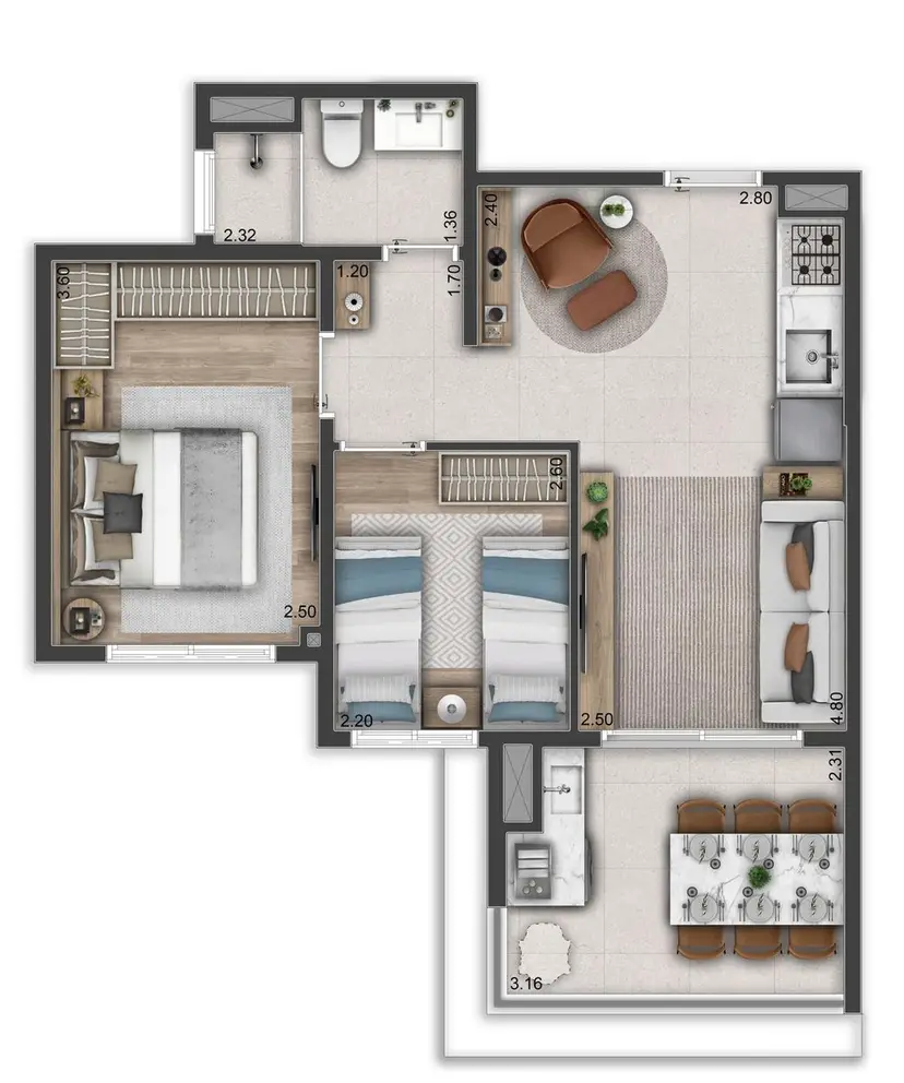 Planta 2 dormitórios 48 m²