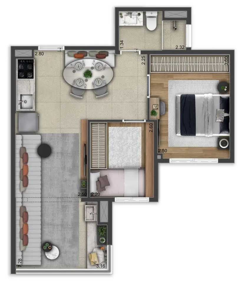 Planta 2 dormitórios 49 m²