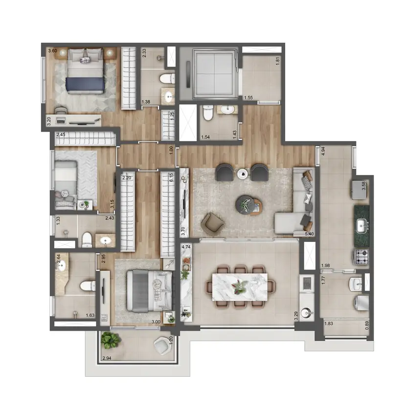 Planta 3 dormitórios 129 m²