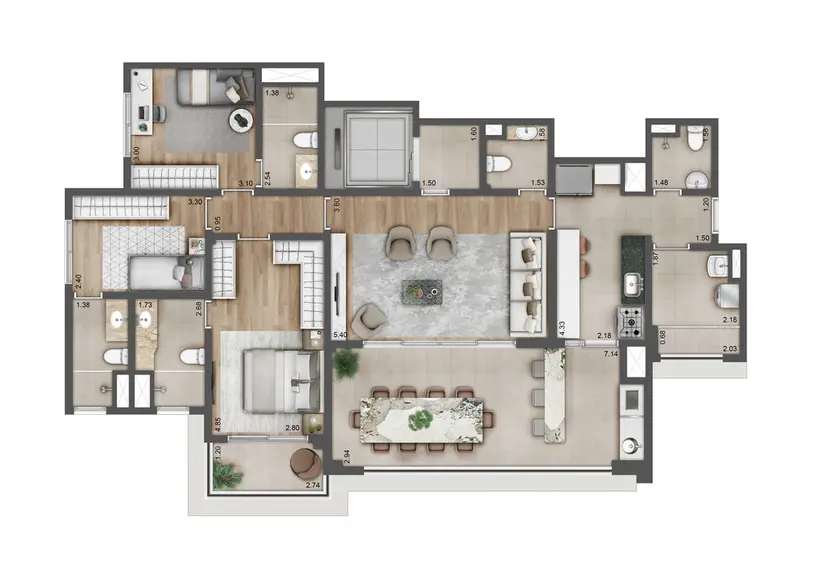 Planta 3 dormitórios 132 m²
