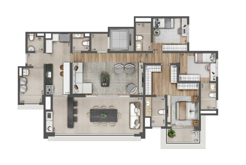 Planta 3 dormitórios 155 m²