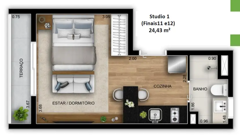Planta Studio 24,43 m²