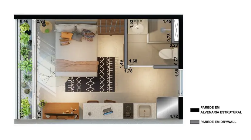 Planta Studio 19,23 m²