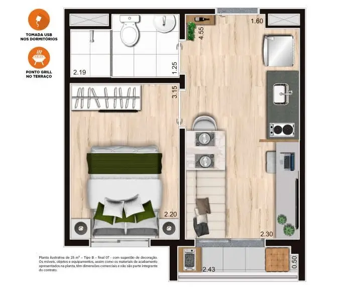 Planta 1 dormitório 25,17 m²