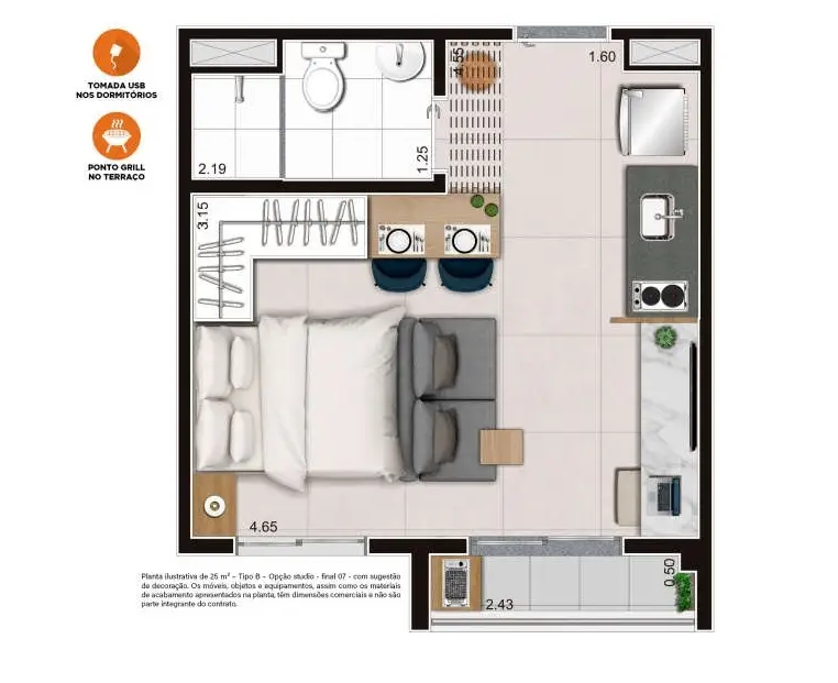 Planta Studio – opção de planta 25,17 m²