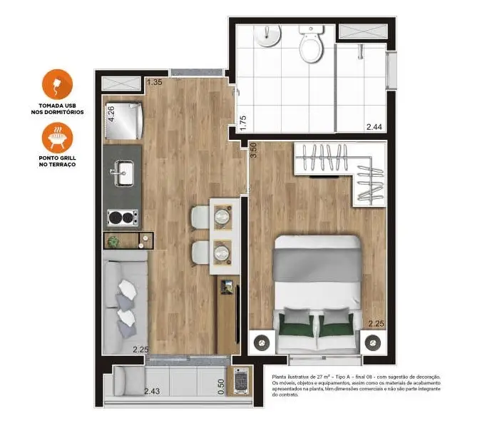 Planta 1 dormitório 27,85 m²