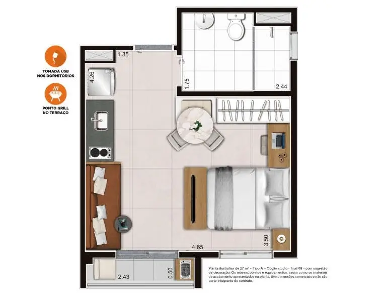 Planta Studio – opção de planta 27,85 m²