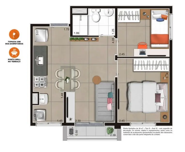 Planta 2 dormitórios 38,50 m²