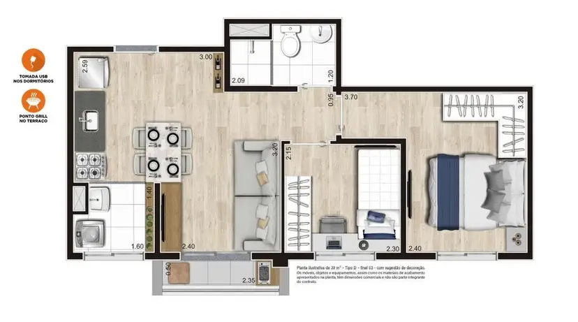 Planta 2 dormitórios 39,96 m²