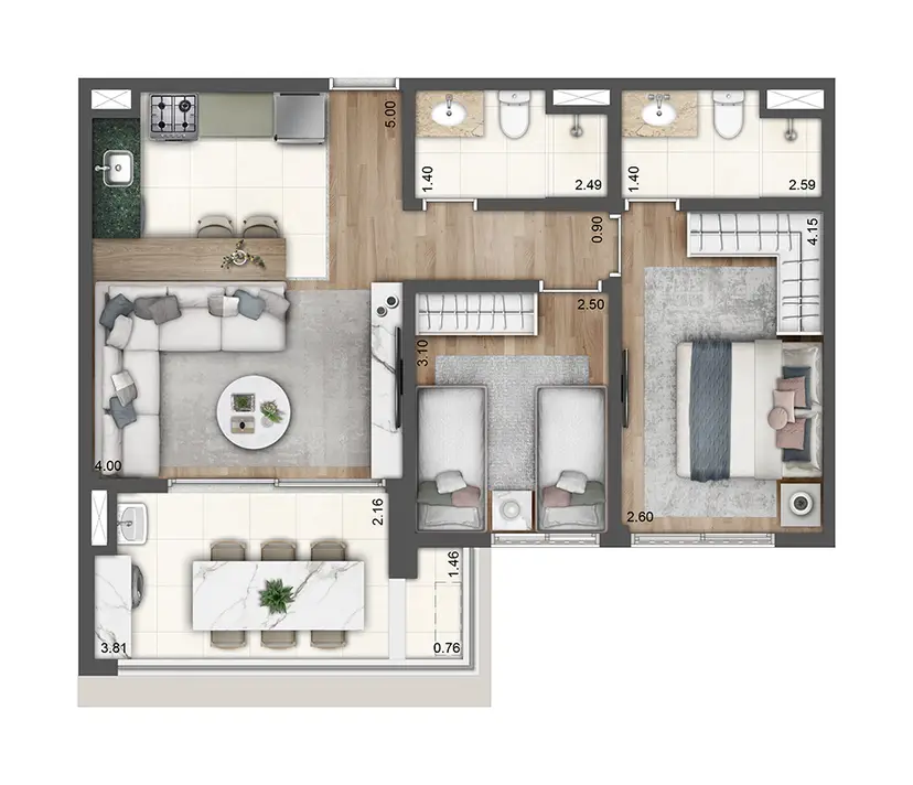 Planta 2 dormitórios 65,33 m²