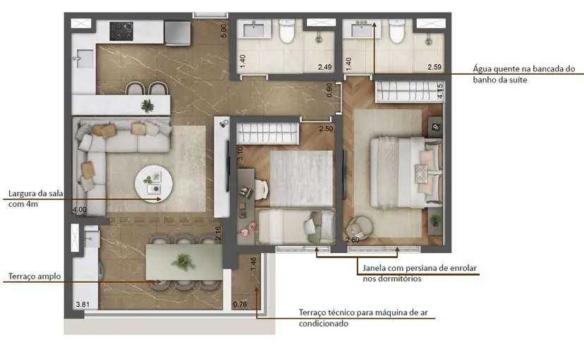 Planta 2 dormitórios – opção de planta 65,33 m²