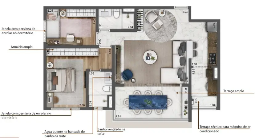 Planta 2 dormitórios – opção de planta 79,51 m²