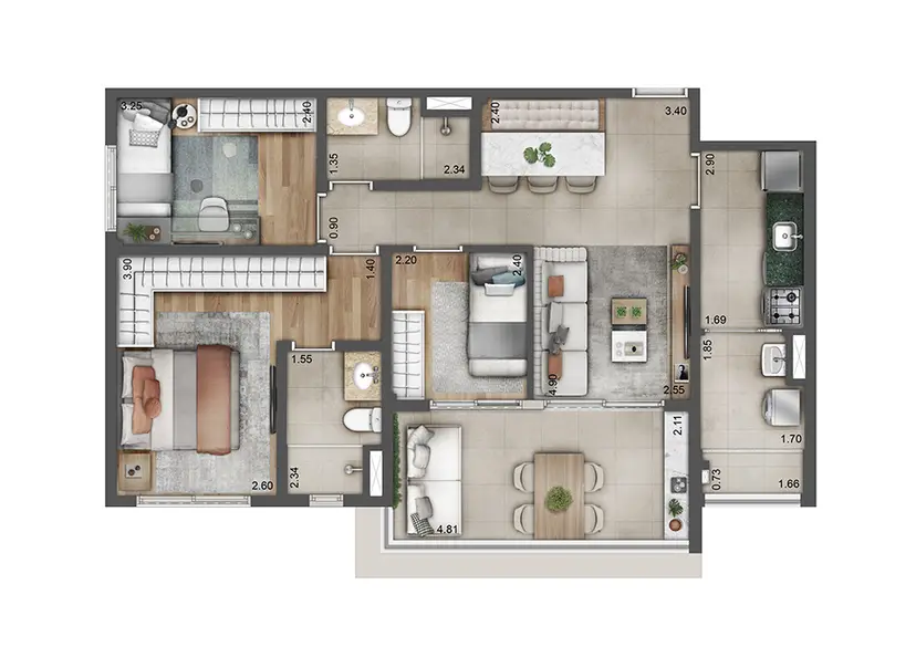 Planta 3 dormitórios 79,51 m²