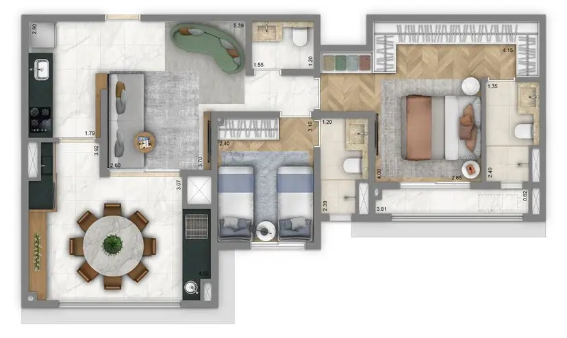 Planta 2 dormitórios 75 m²