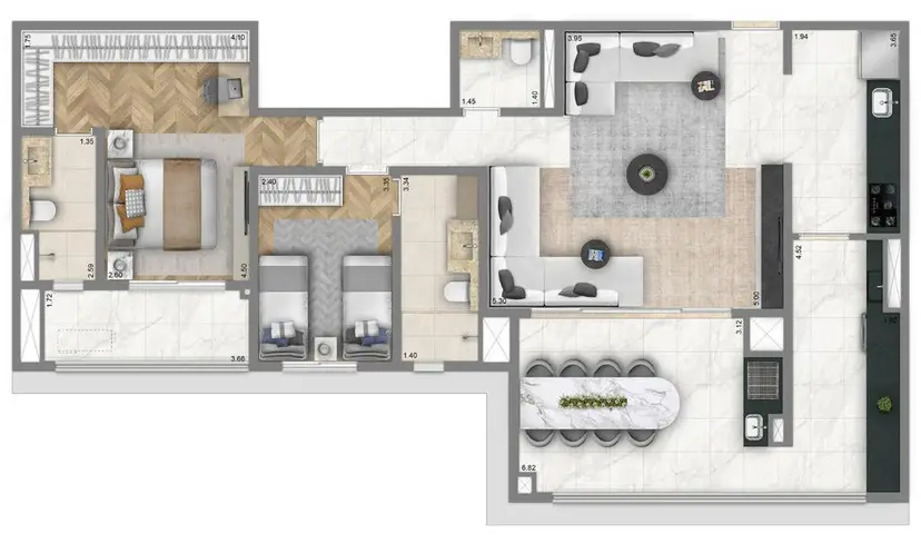 Planta 2 dormitórios – opção de planta 108 m²