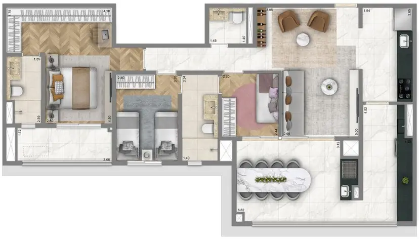 Planta 3 dormitórios 108 m²