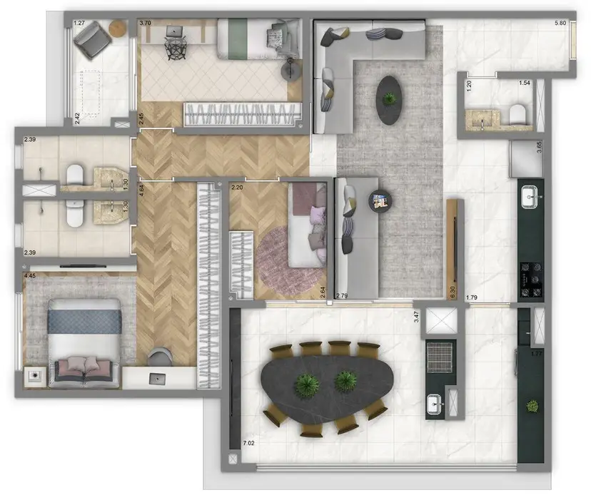 Planta 3 dormitórios 110 m²