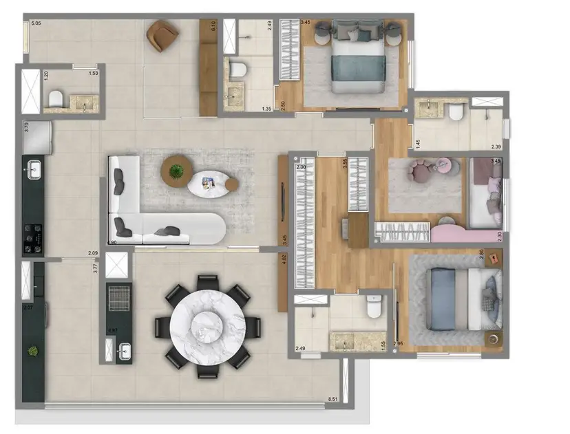 Planta 3 dormitórios 125 m²