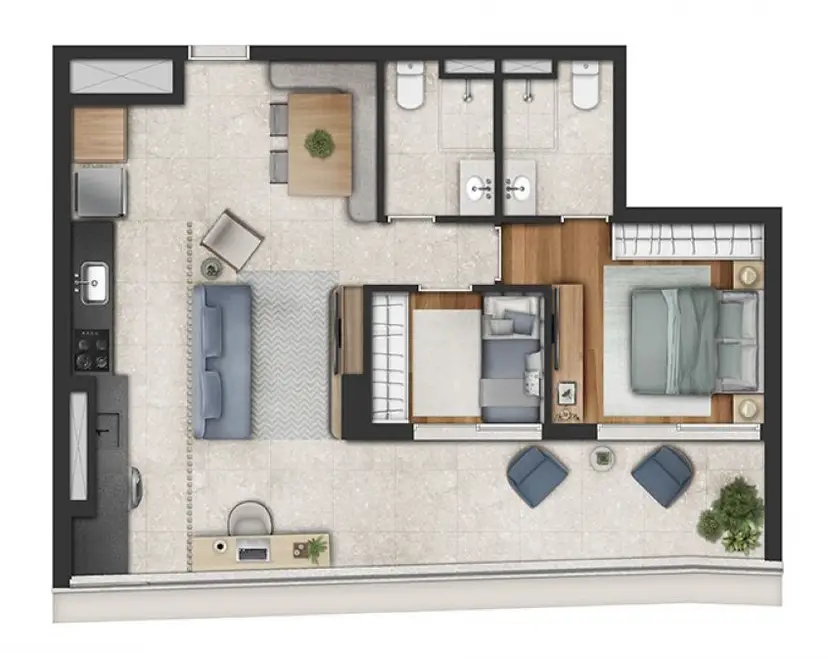 Planta 2 dormitórios 68 m²