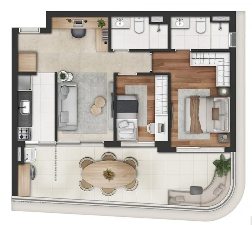 Planta 2 dormitórios 76 m²